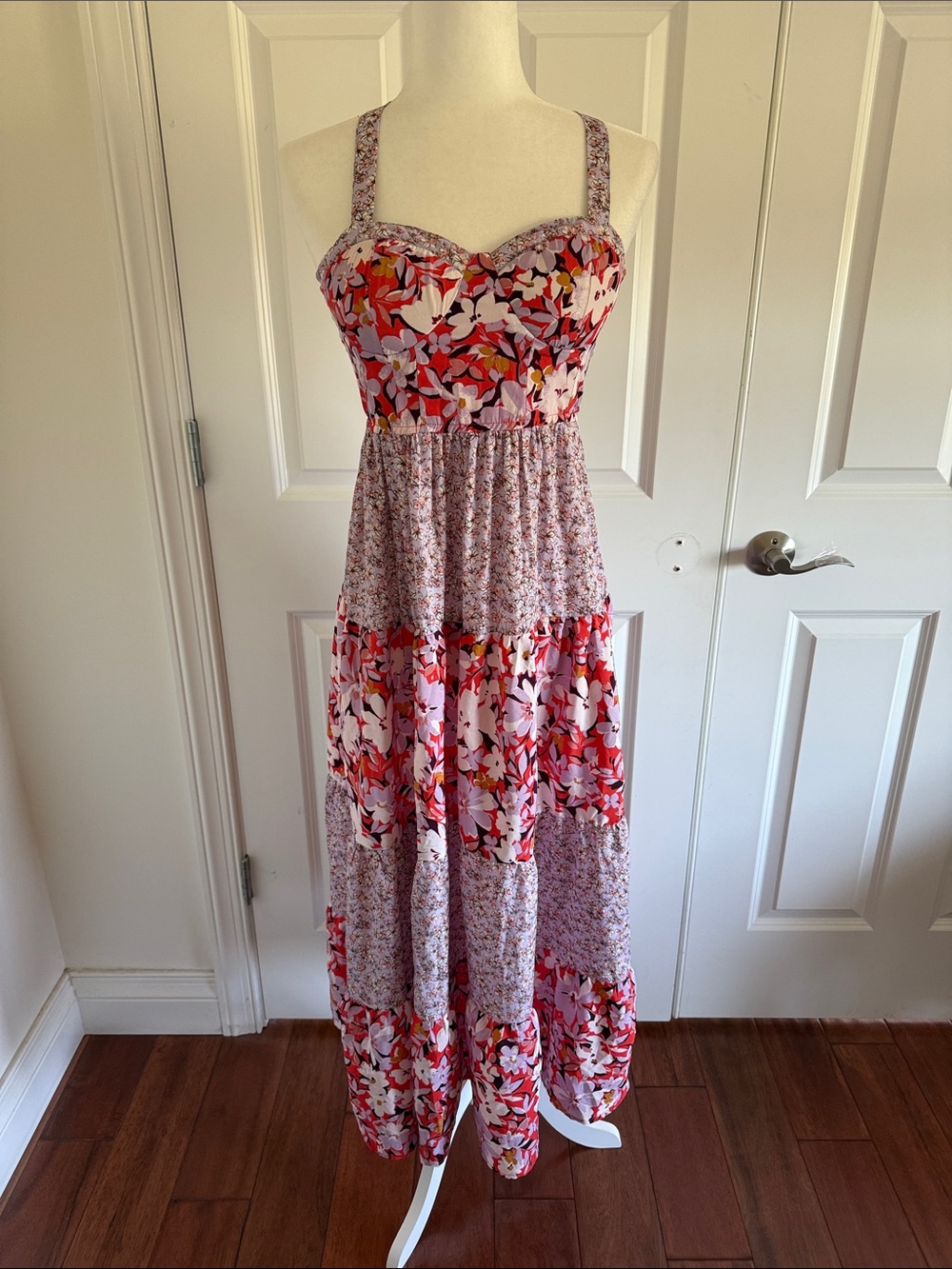 Bog collective Floral Boho Tiered Maxi Slip Dress - Pink Red Floral Size Medium
